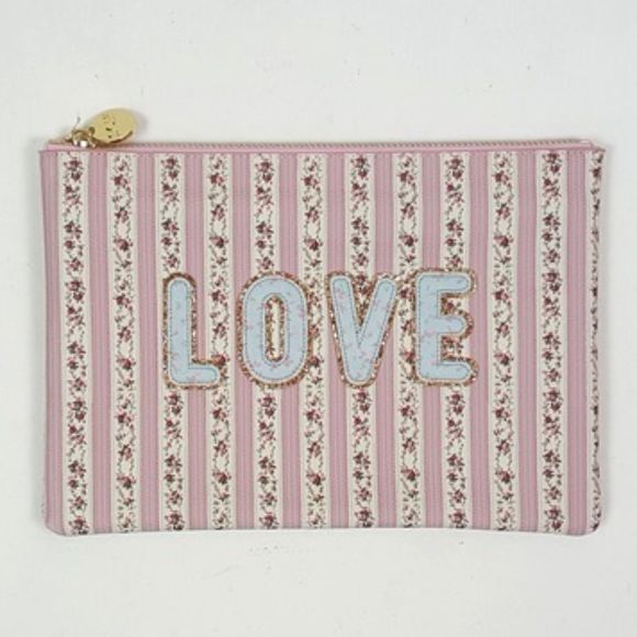 Stoney Clover X Love Shack Fancy Pink Floral Stripe Vegan Leather Pouch Bag - Picture 1 of 5